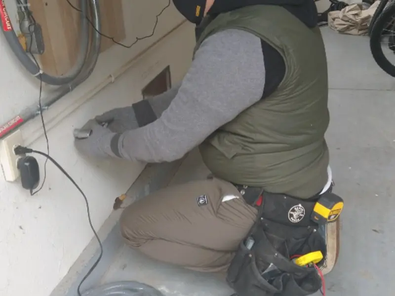 Electrician performing outlet wiring in a Jesup garage